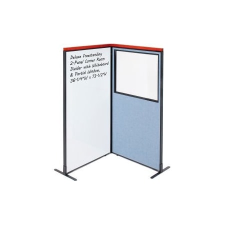 Global Equipment Interion    Deluxe Freestanding 2-Panel Corner w/Whiteboard   Partial Window 36-1/4Wx73-1/2H Blue 695180BL